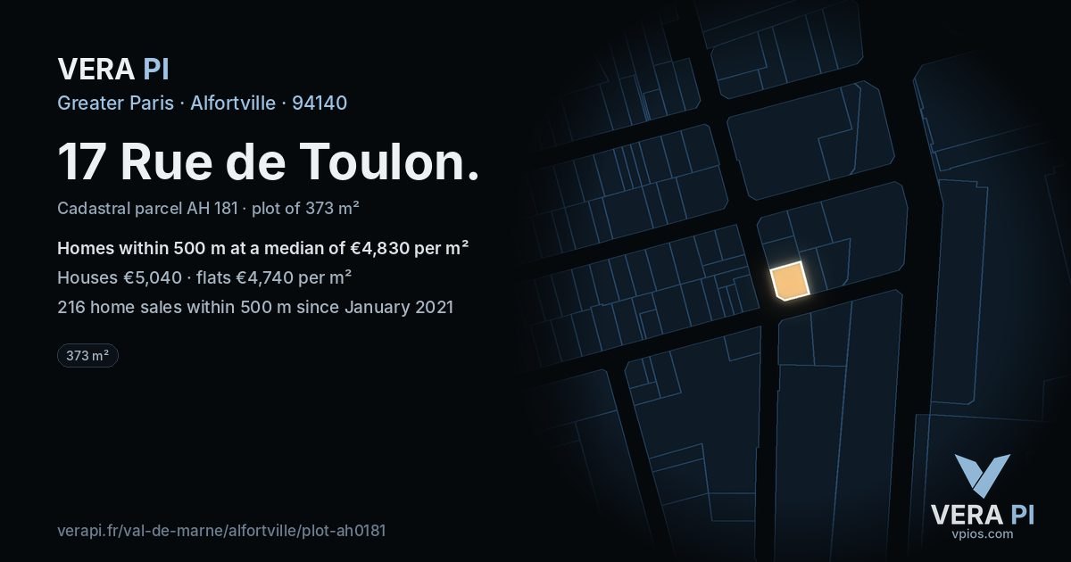 17 Rue de Toulon, Alfortville at night – the plot lit, the parcels around coloured by the prices near them