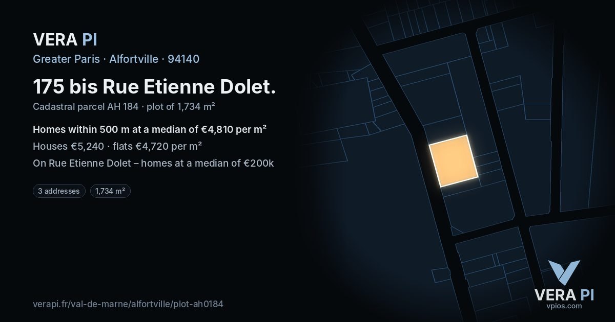 175 bis Rue Etienne Dolet, Alfortville at night – the plot lit, the parcels around coloured by the prices near them