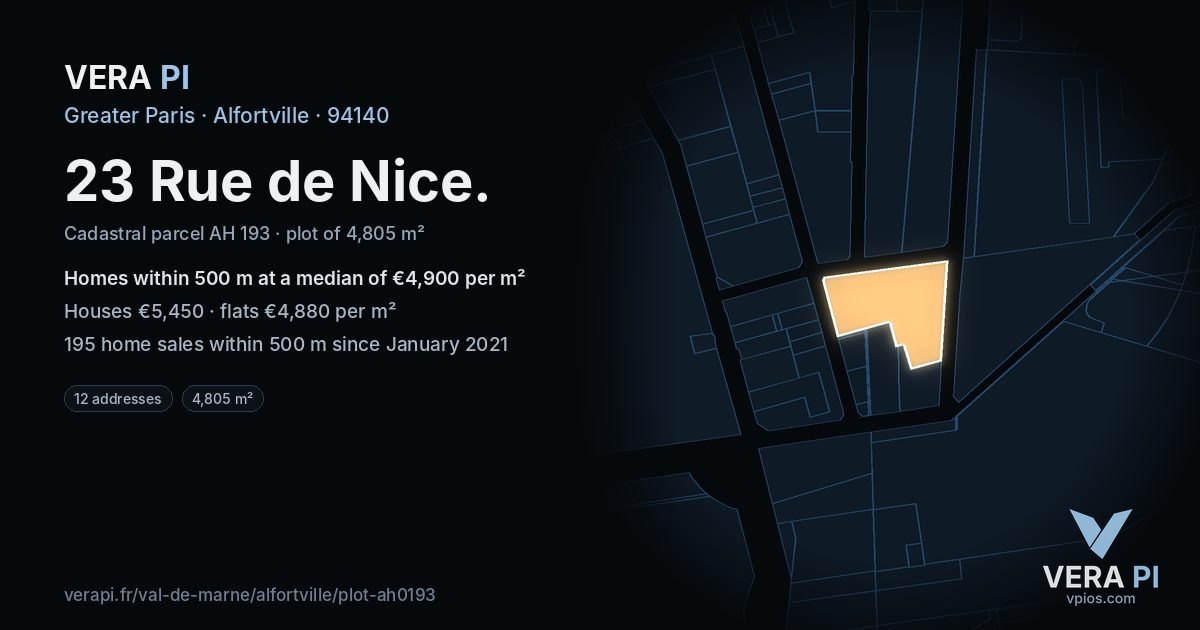 23 Rue de Nice, Alfortville at night – the plot lit, the parcels around coloured by the prices near them