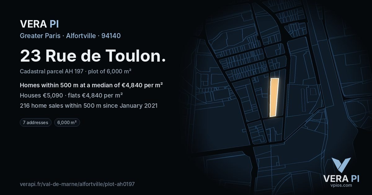 23 Rue de Toulon, Alfortville at night – the plot lit, the parcels around coloured by the prices near them
