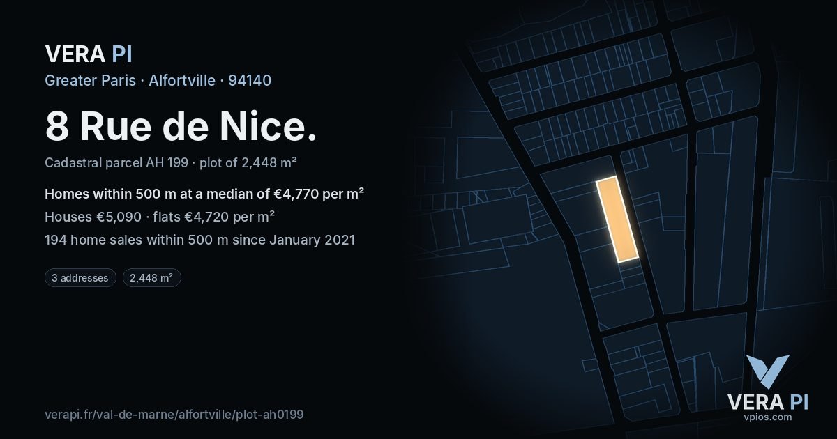 8 Rue de Nice, Alfortville at night – the plot lit, the parcels around coloured by the prices near them