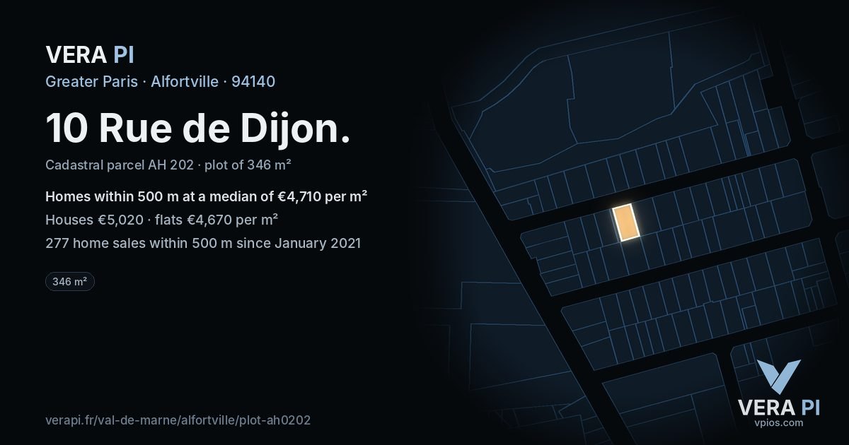 10 Rue de Dijon, Alfortville at night – the plot lit, the parcels around coloured by the prices near them