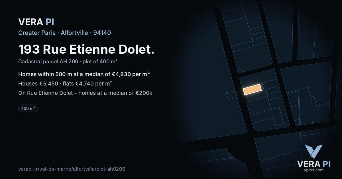 193 Rue Etienne Dolet, Alfortville at night – the plot lit, the parcels around coloured by the prices near them
