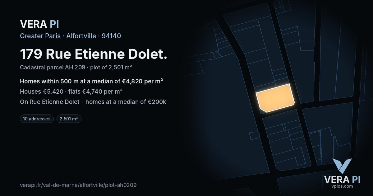179 Rue Etienne Dolet, Alfortville at night – the plot lit, the parcels around coloured by the prices near them