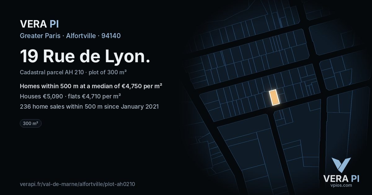 19 Rue de Lyon, Alfortville at night – the plot lit, the parcels around coloured by the prices near them