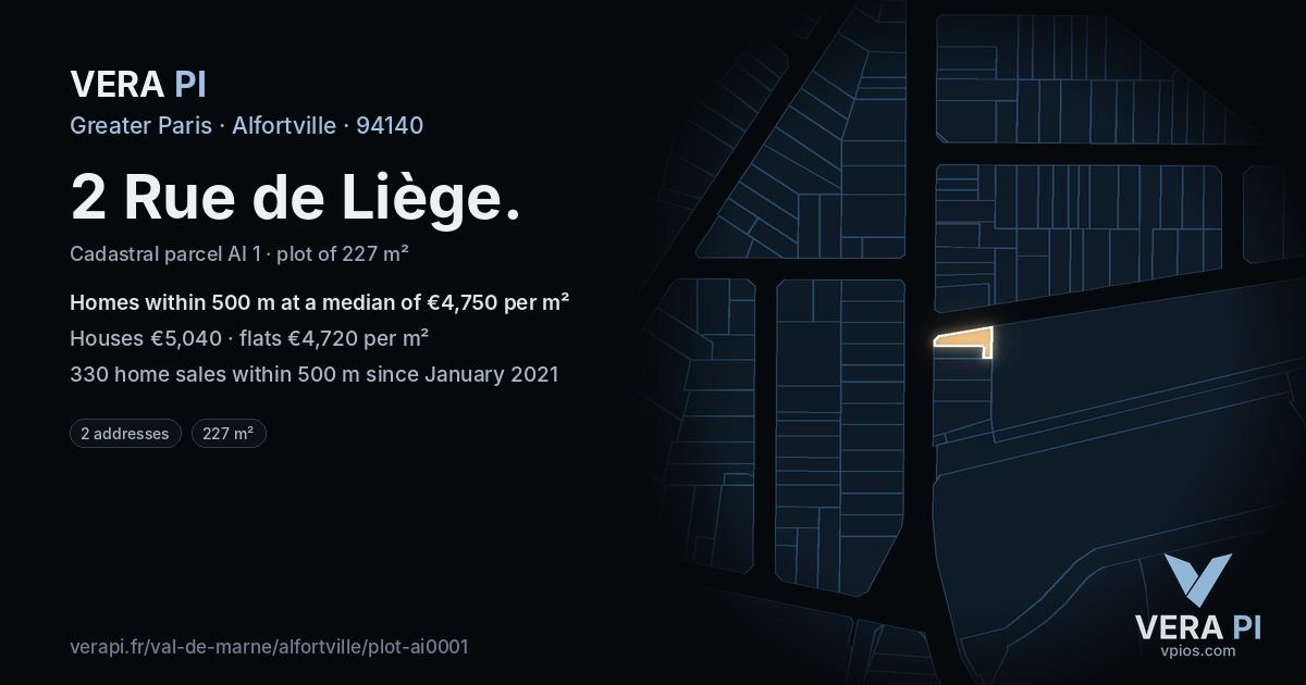 2 Rue de Liège, Alfortville at night – the plot lit, the parcels around coloured by the prices near them