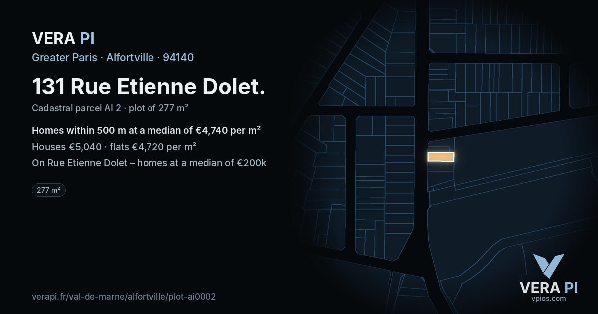131 Rue Etienne Dolet, Alfortville at night – the plot lit, the parcels around coloured by the prices near them