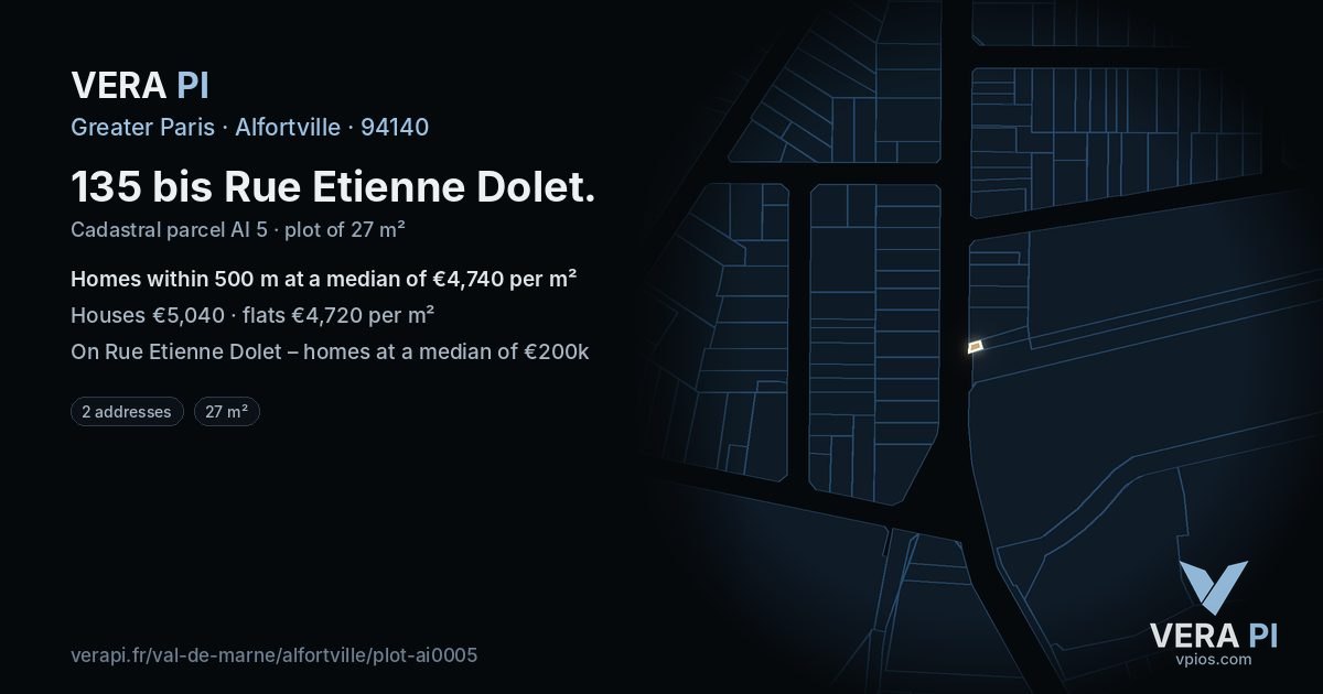 135 bis Rue Etienne Dolet, Alfortville at night – the plot lit, the parcels around coloured by the prices near them