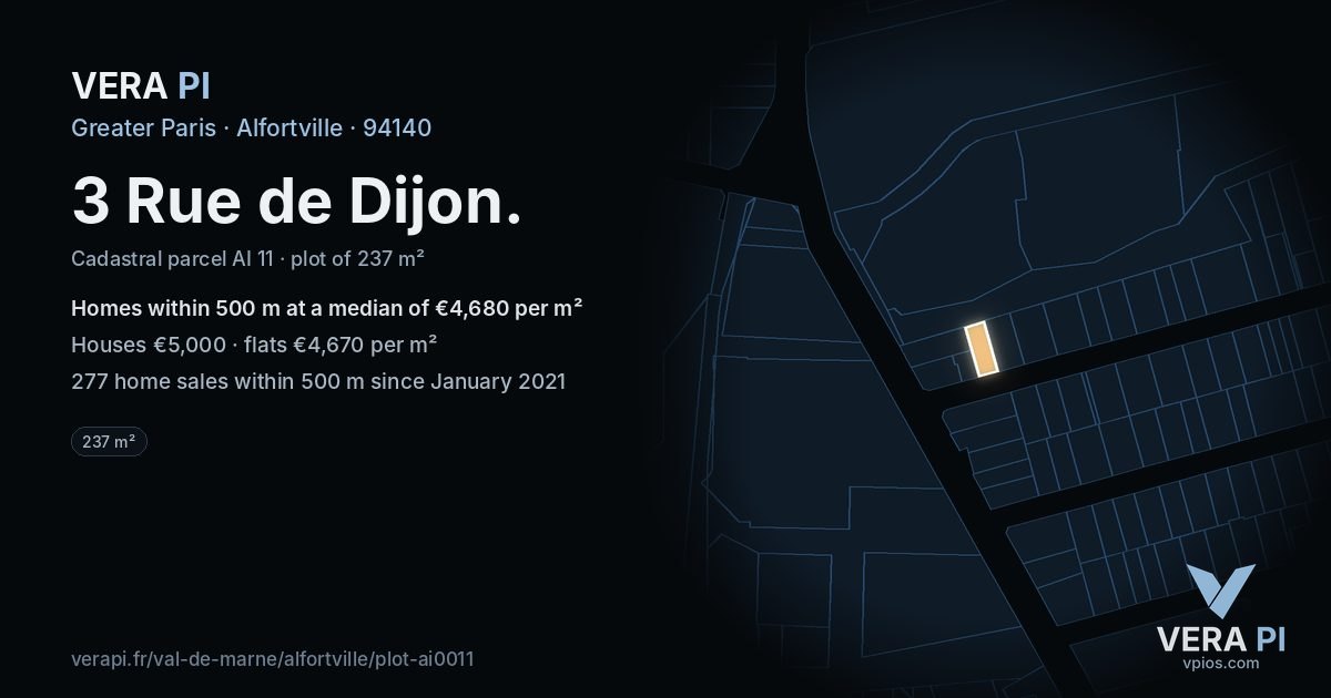 3 Rue de Dijon, Alfortville at night – the plot lit, the parcels around coloured by the prices near them