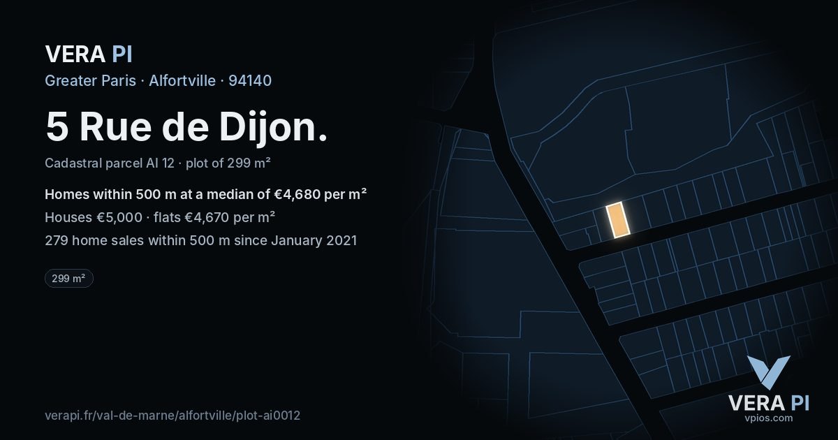 5 Rue de Dijon, Alfortville at night – the plot lit, the parcels around coloured by the prices near them