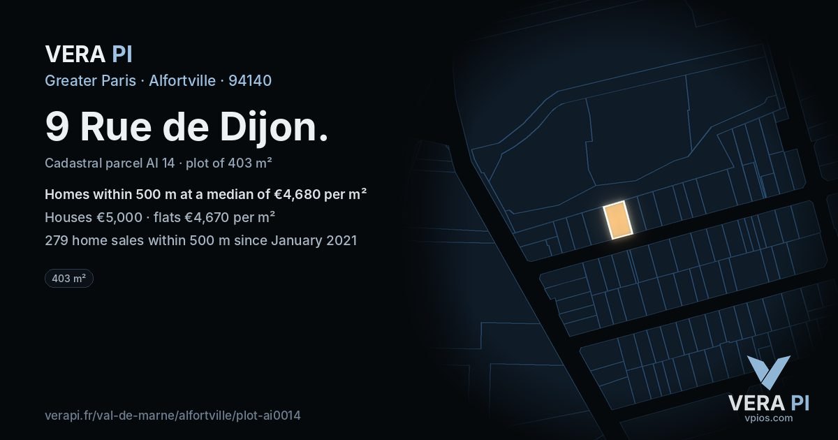 9 Rue de Dijon, Alfortville at night – the plot lit, the parcels around coloured by the prices near them