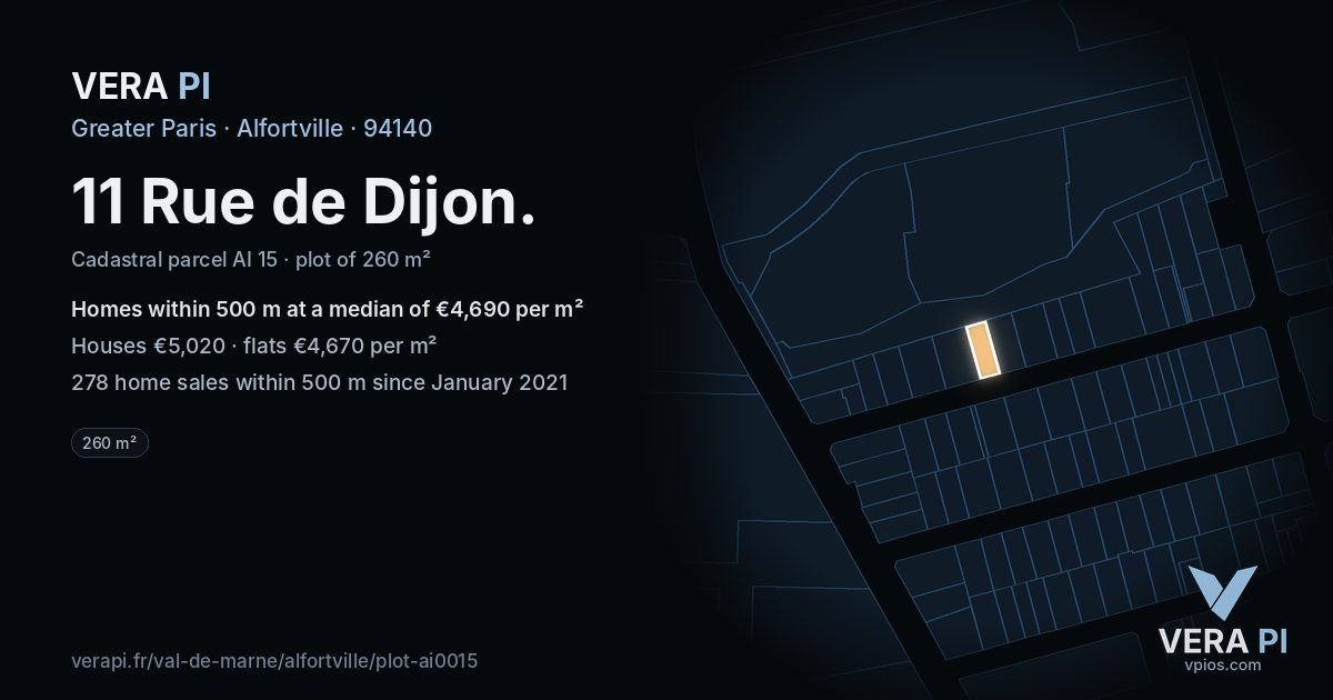 11 Rue de Dijon, Alfortville at night – the plot lit, the parcels around coloured by the prices near them