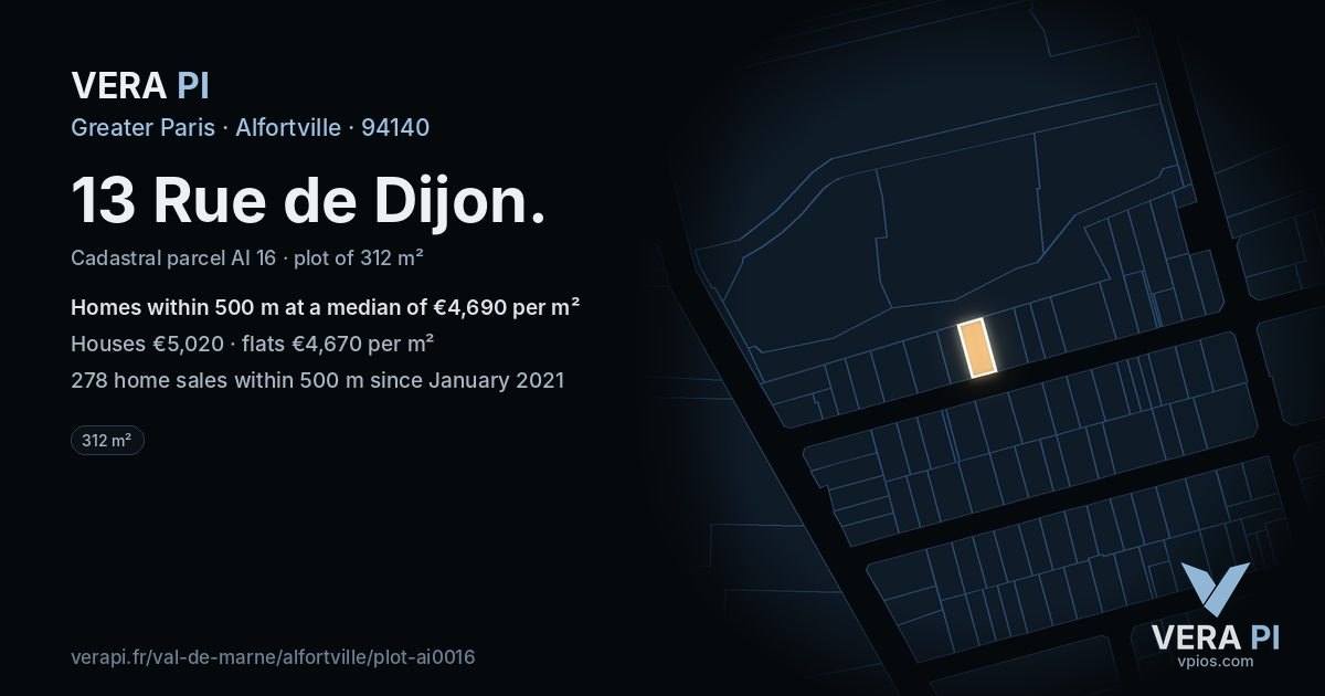 13 Rue de Dijon, Alfortville at night – the plot lit, the parcels around coloured by the prices near them
