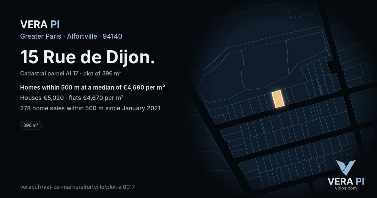 15 Rue de Dijon, Alfortville at night – the plot lit, the parcels around coloured by the prices near them
