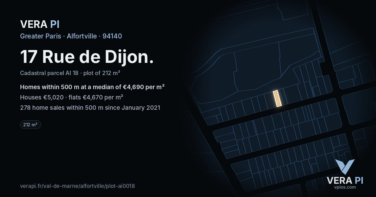 17 Rue de Dijon, Alfortville at night – the plot lit, the parcels around coloured by the prices near them