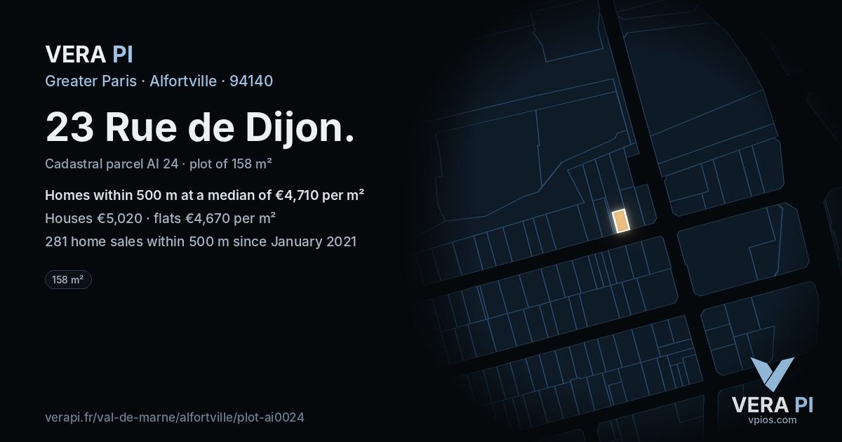23 Rue de Dijon, Alfortville at night – the plot lit, the parcels around coloured by the prices near them