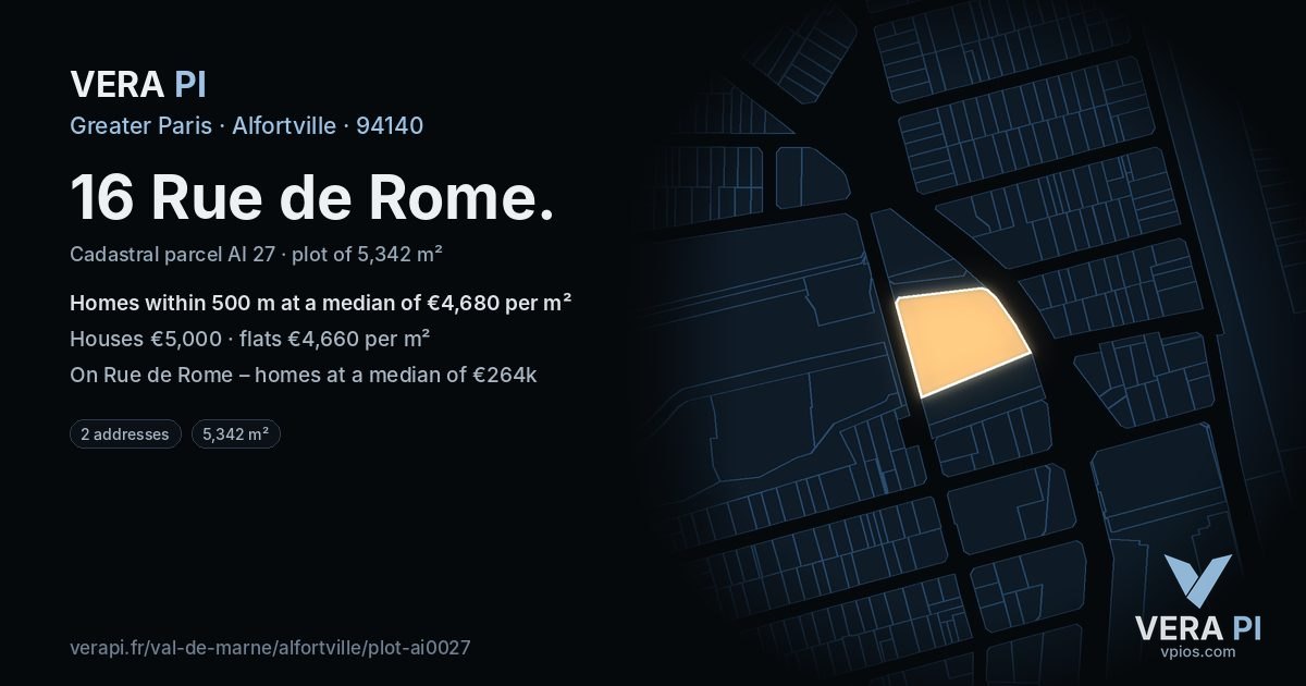 16 Rue de Rome, Alfortville at night – the plot lit, the parcels around coloured by the prices near them