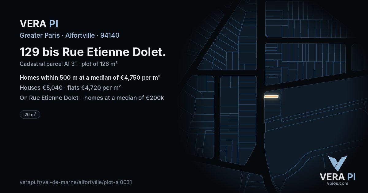 129 bis Rue Etienne Dolet, Alfortville at night – the plot lit, the parcels around coloured by the prices near them