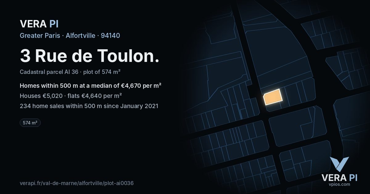 3 Rue de Toulon, Alfortville at night – the plot lit, the parcels around coloured by the prices near them