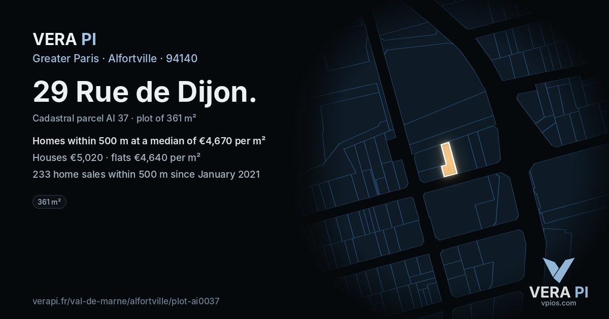 29 Rue de Dijon, Alfortville at night – the plot lit, the parcels around coloured by the prices near them