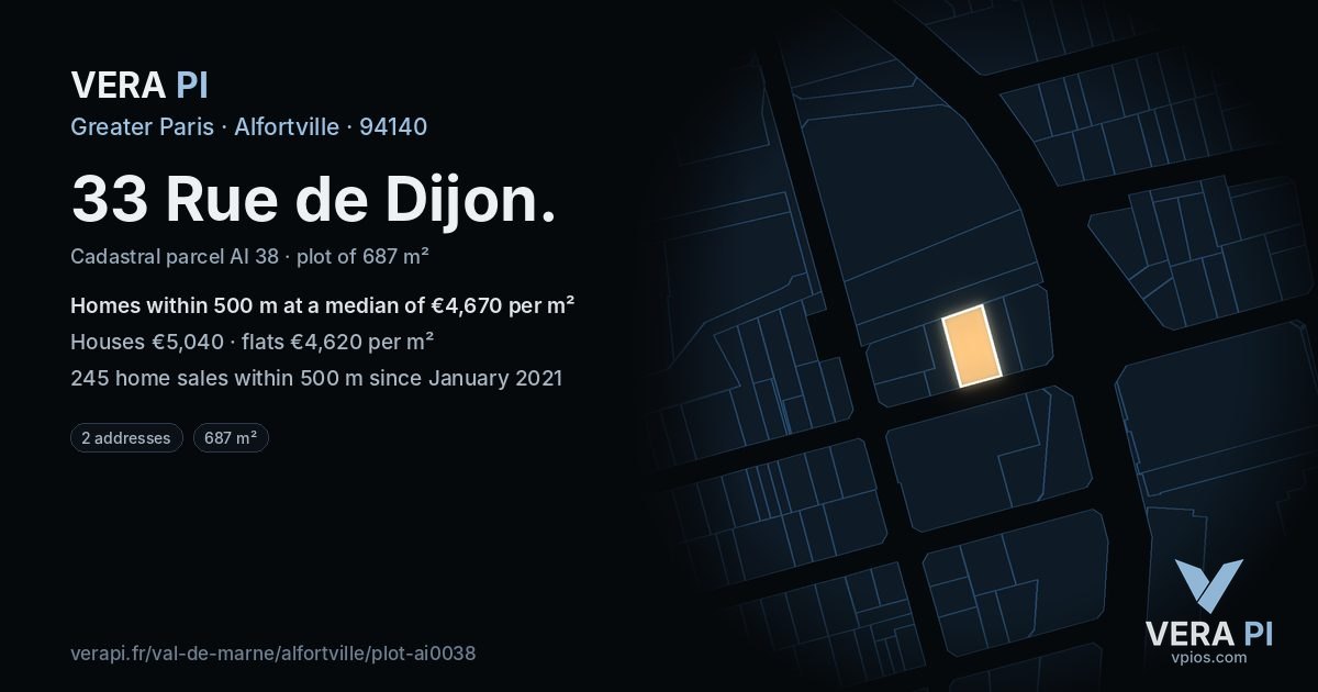 33 Rue de Dijon, Alfortville at night – the plot lit, the parcels around coloured by the prices near them