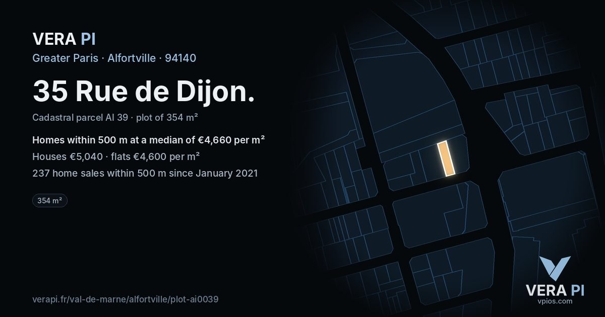 35 Rue de Dijon, Alfortville at night – the plot lit, the parcels around coloured by the prices near them