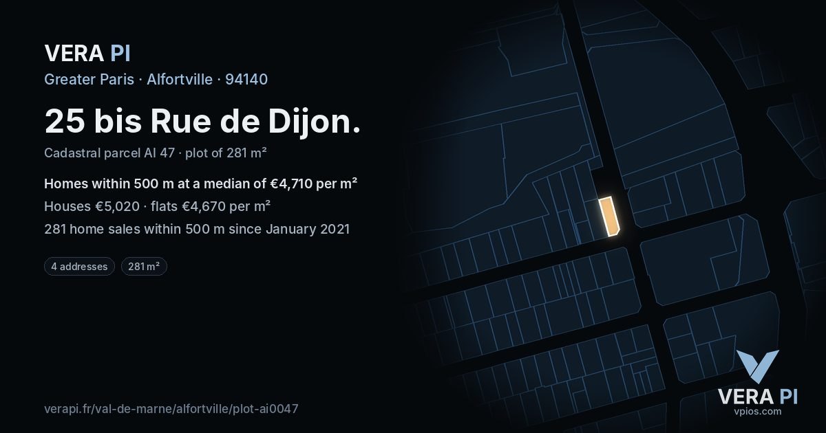 25 bis Rue de Dijon, Alfortville at night – the plot lit, the parcels around coloured by the prices near them