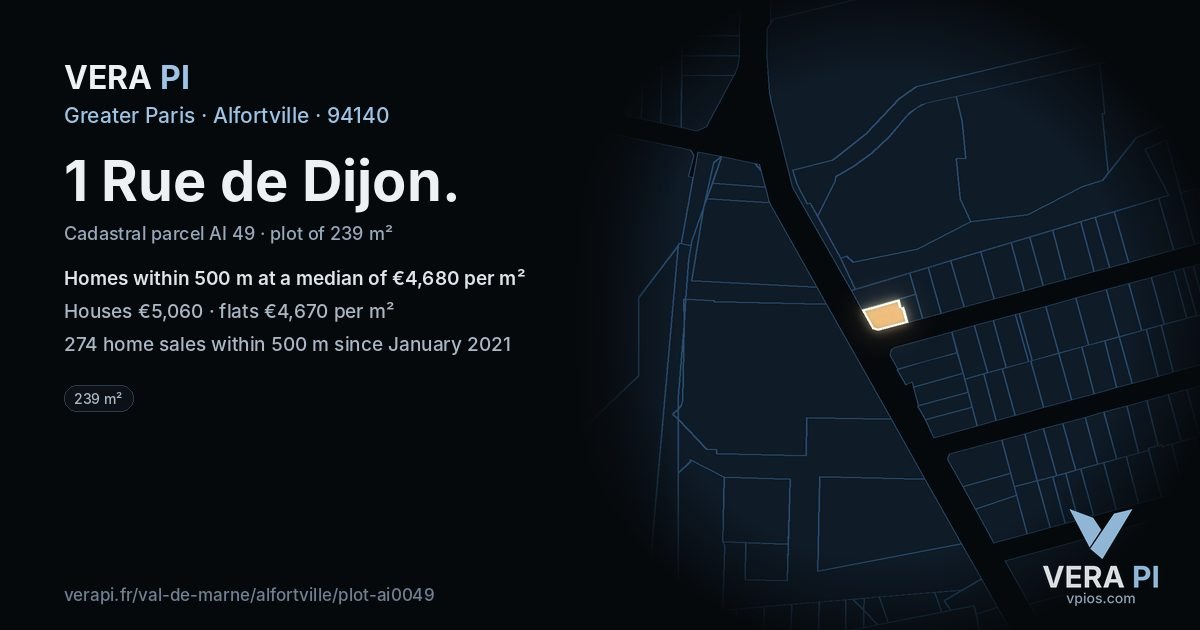 1 Rue de Dijon, Alfortville at night – the plot lit, the parcels around coloured by the prices near them