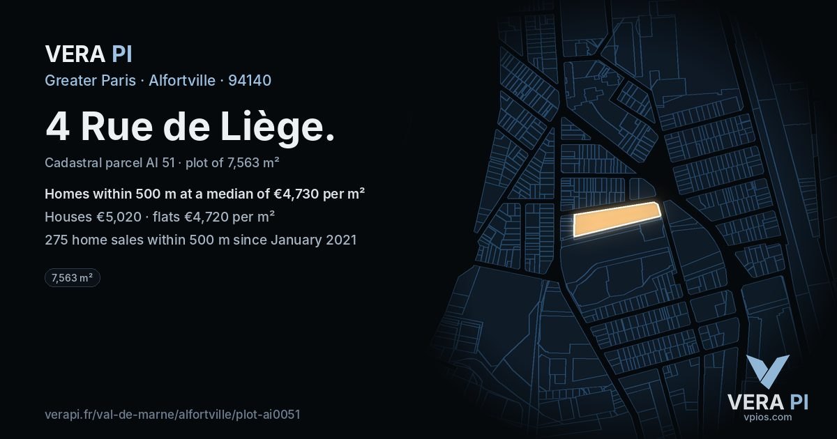4 Rue de Liège, Alfortville at night – the plot lit, the parcels around coloured by the prices near them