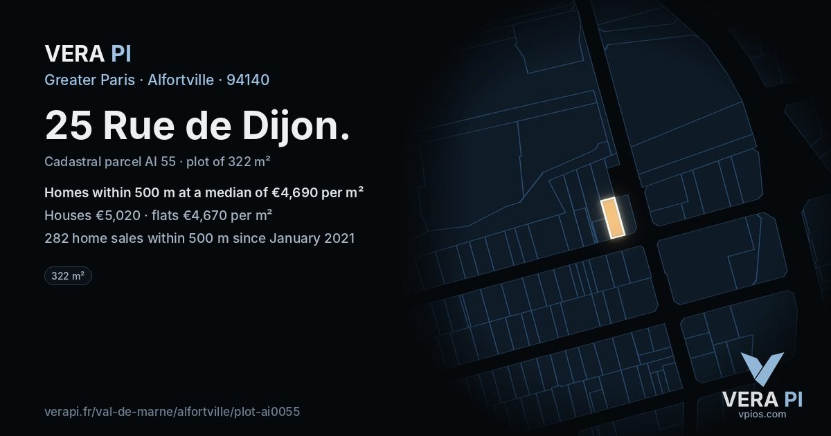 25 Rue de Dijon, Alfortville at night – the plot lit, the parcels around coloured by the prices near them