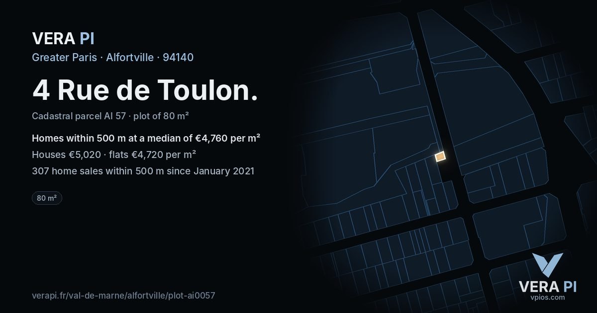4 Rue de Toulon, Alfortville at night – the plot lit, the parcels around coloured by the prices near them