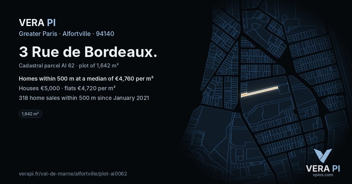 3 Rue de Bordeaux, Alfortville at night – the plot lit, the parcels around coloured by the prices near them