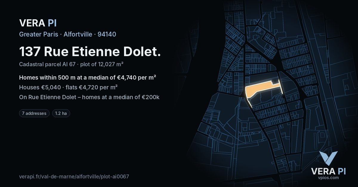 137 Rue Etienne Dolet, Alfortville at night – the plot lit, the parcels around coloured by the prices near them