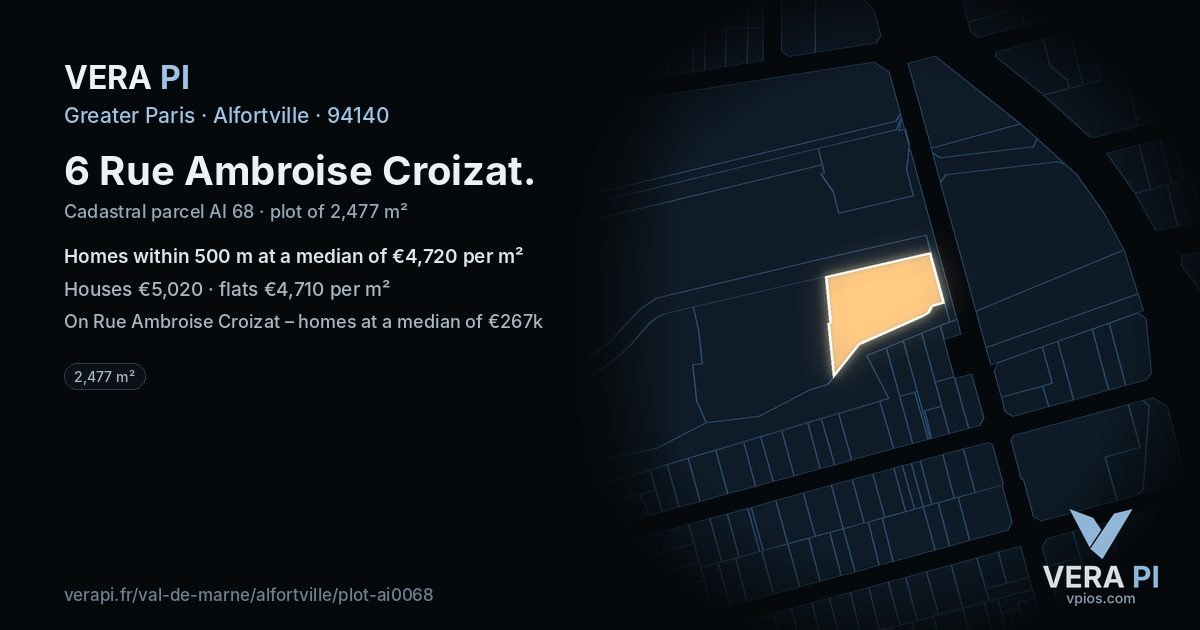 6 Rue Ambroise Croizat, Alfortville at night – the plot lit, the parcels around coloured by the prices near them