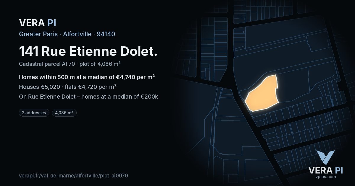 141 Rue Etienne Dolet, Alfortville at night – the plot lit, the parcels around coloured by the prices near them