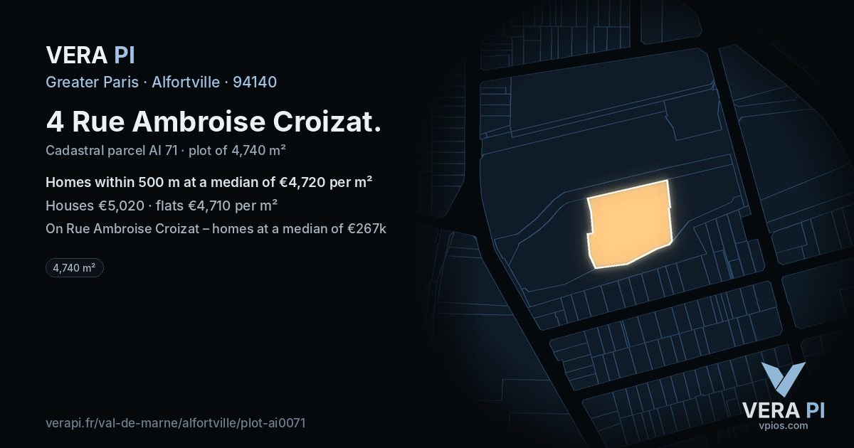 4 Rue Ambroise Croizat, Alfortville at night – the plot lit, the parcels around coloured by the prices near them