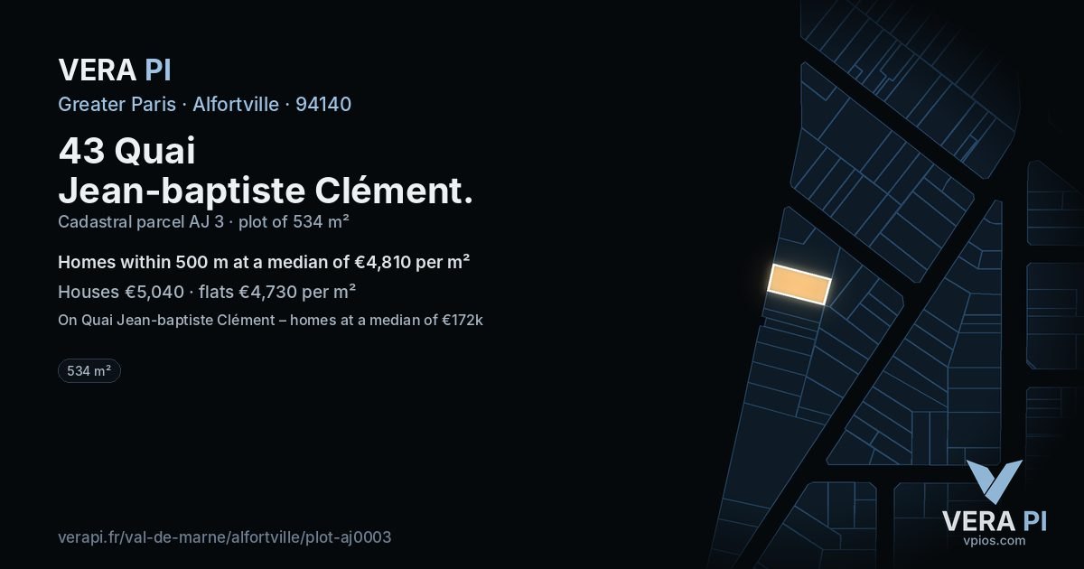 43 Quai Jean-baptiste Clément, Alfortville at night – the plot lit, the parcels around coloured by the prices near them