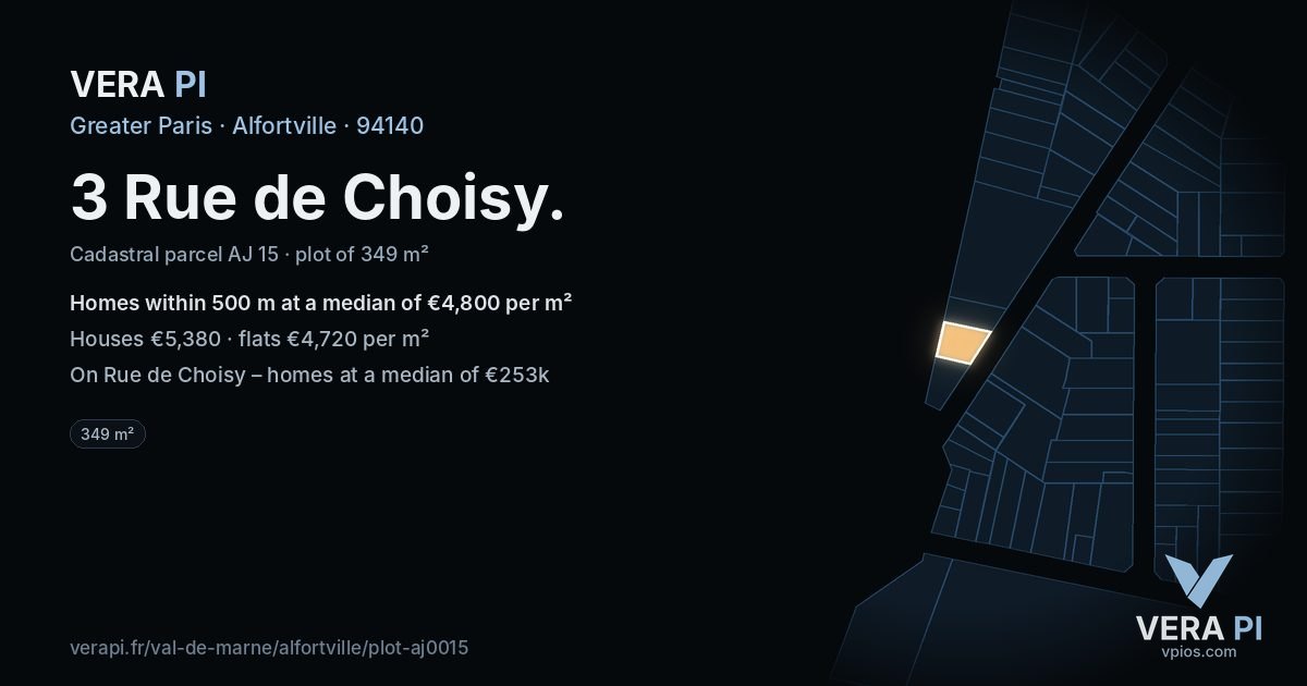 3 Rue de Choisy, Alfortville at night – the plot lit, the parcels around coloured by the prices near them