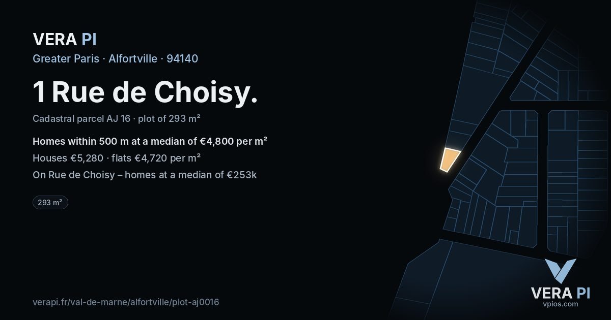 1 Rue de Choisy, Alfortville at night – the plot lit, the parcels around coloured by the prices near them