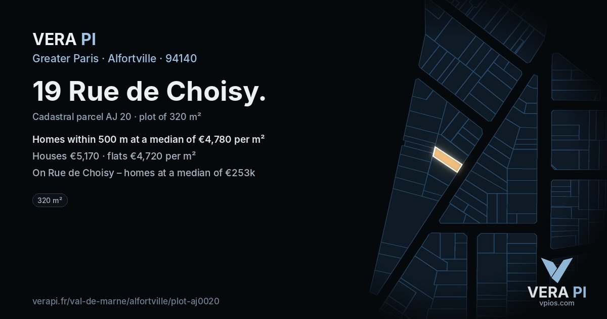 19 Rue de Choisy, Alfortville at night – the plot lit, the parcels around coloured by the prices near them
