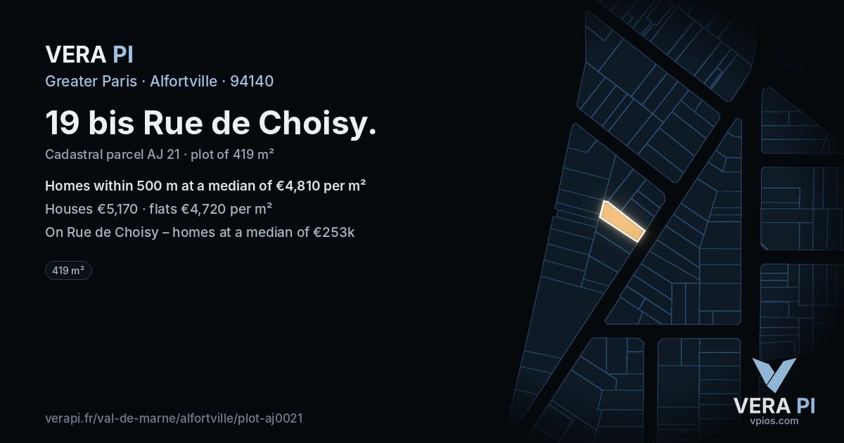 19 bis Rue de Choisy, Alfortville at night – the plot lit, the parcels around coloured by the prices near them