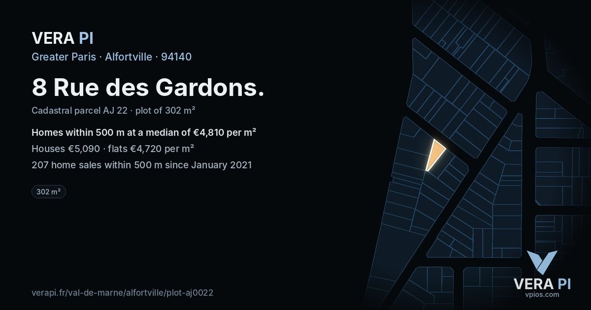 8 Rue des Gardons, Alfortville at night – the plot lit, the parcels around coloured by the prices near them