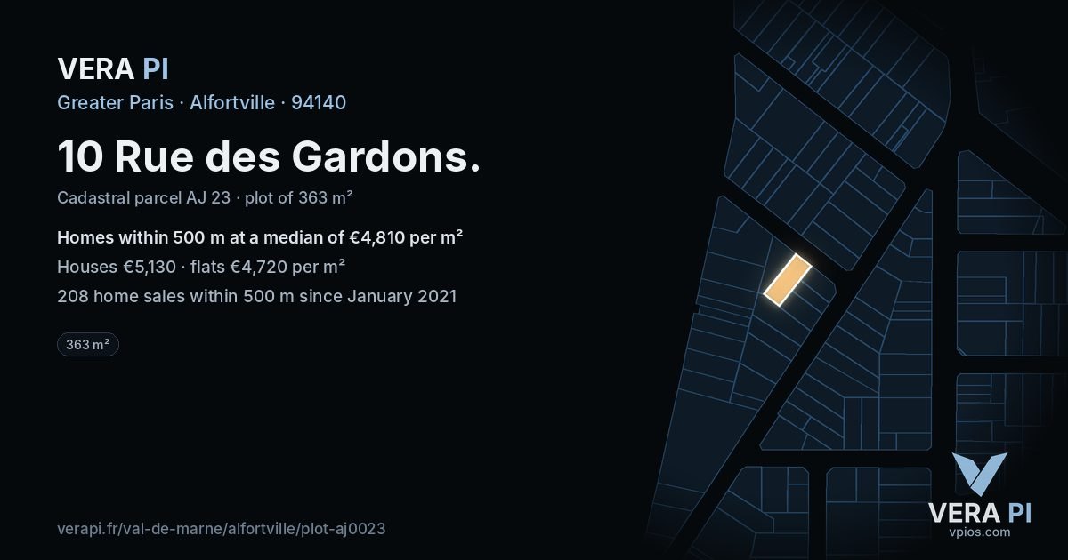 10 Rue des Gardons, Alfortville at night – the plot lit, the parcels around coloured by the prices near them