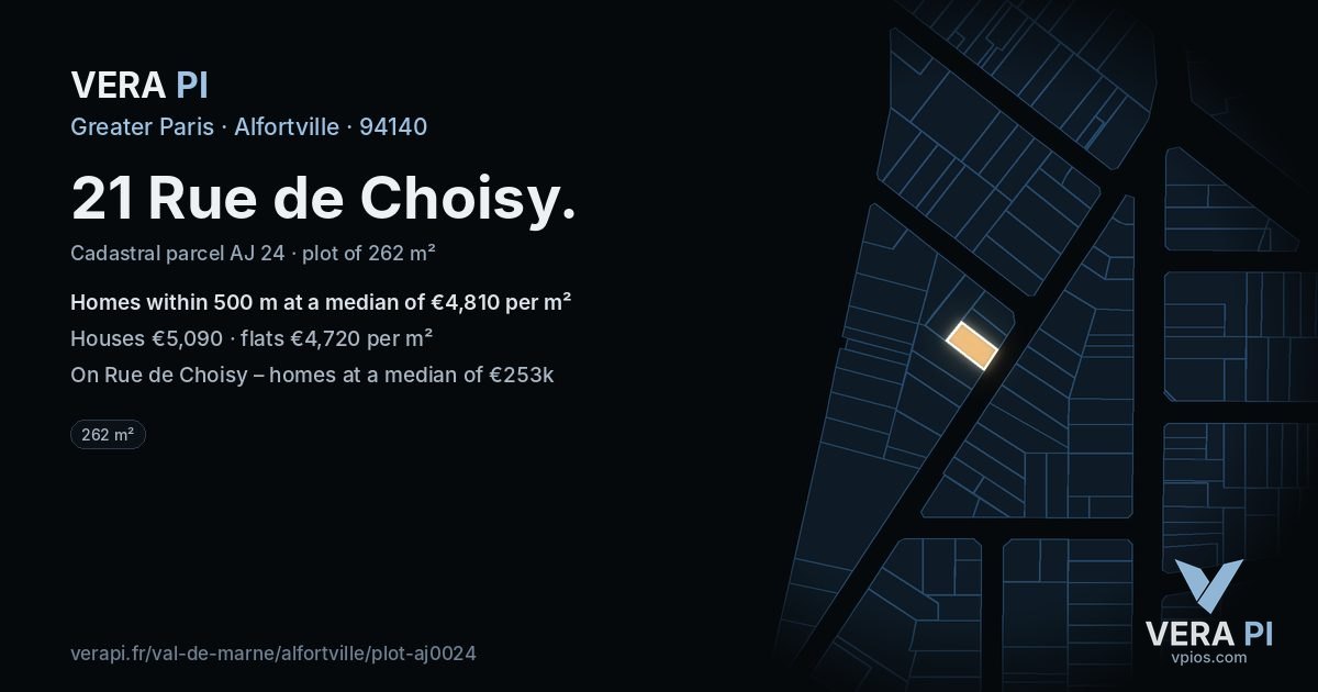 21 Rue de Choisy, Alfortville at night – the plot lit, the parcels around coloured by the prices near them