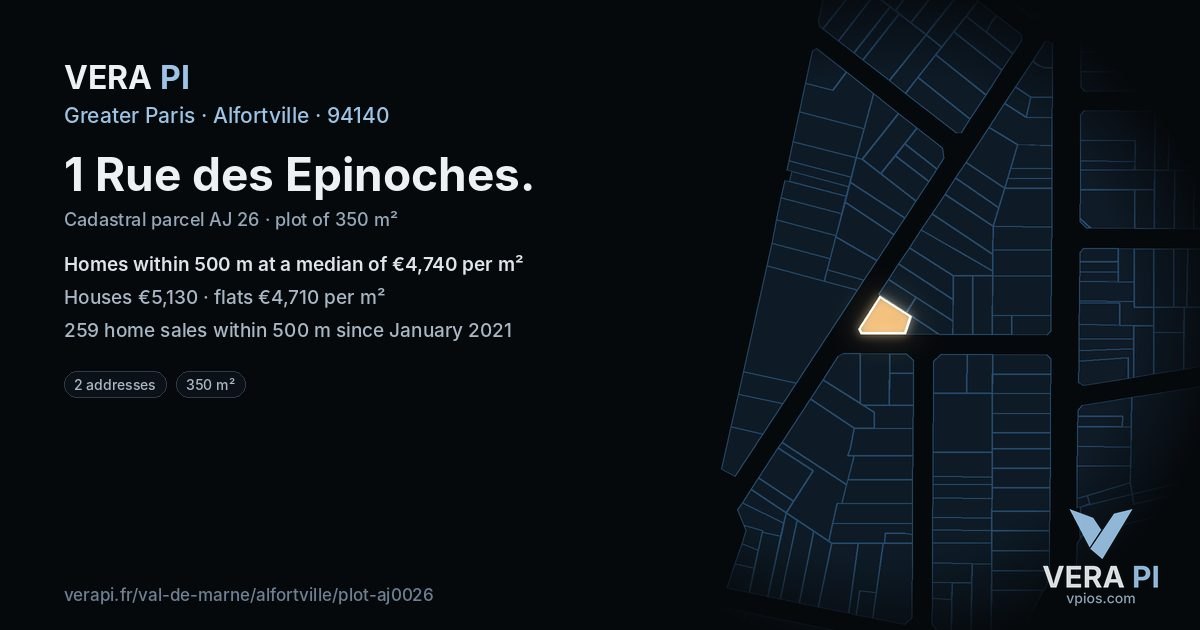 1 Rue des Epinoches, Alfortville at night – the plot lit, the parcels around coloured by the prices near them