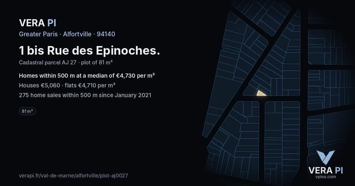 1 bis Rue des Epinoches, Alfortville at night – the plot lit, the parcels around coloured by the prices near them