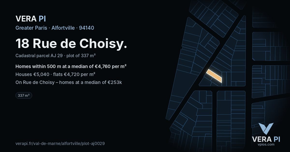 18 Rue de Choisy, Alfortville at night – the plot lit, the parcels around coloured by the prices near them