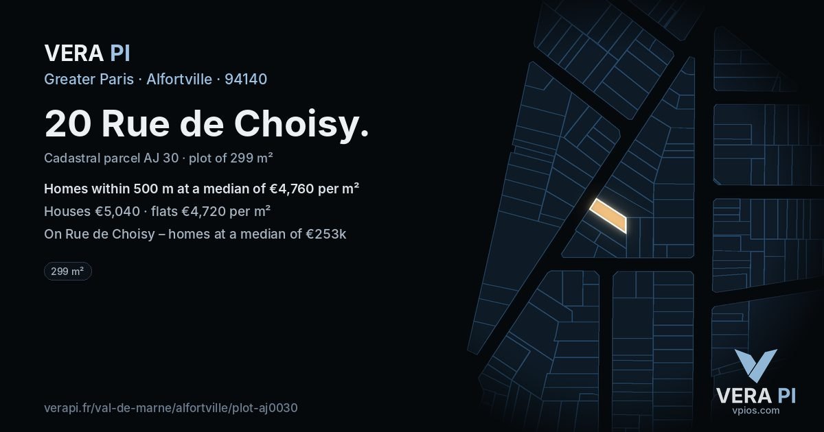20 Rue de Choisy, Alfortville at night – the plot lit, the parcels around coloured by the prices near them