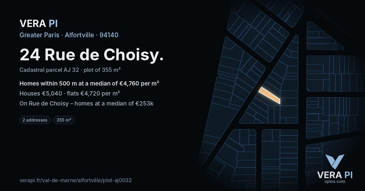 24 Rue de Choisy, Alfortville at night – the plot lit, the parcels around coloured by the prices near them