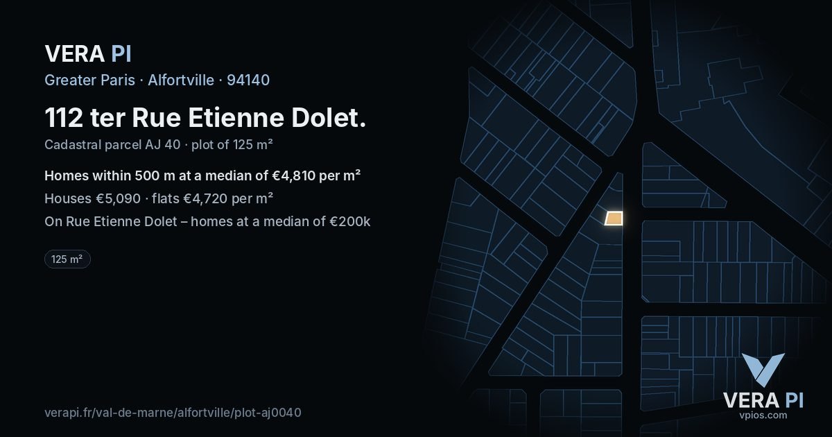 112 ter Rue Etienne Dolet, Alfortville at night – the plot lit, the parcels around coloured by the prices near them